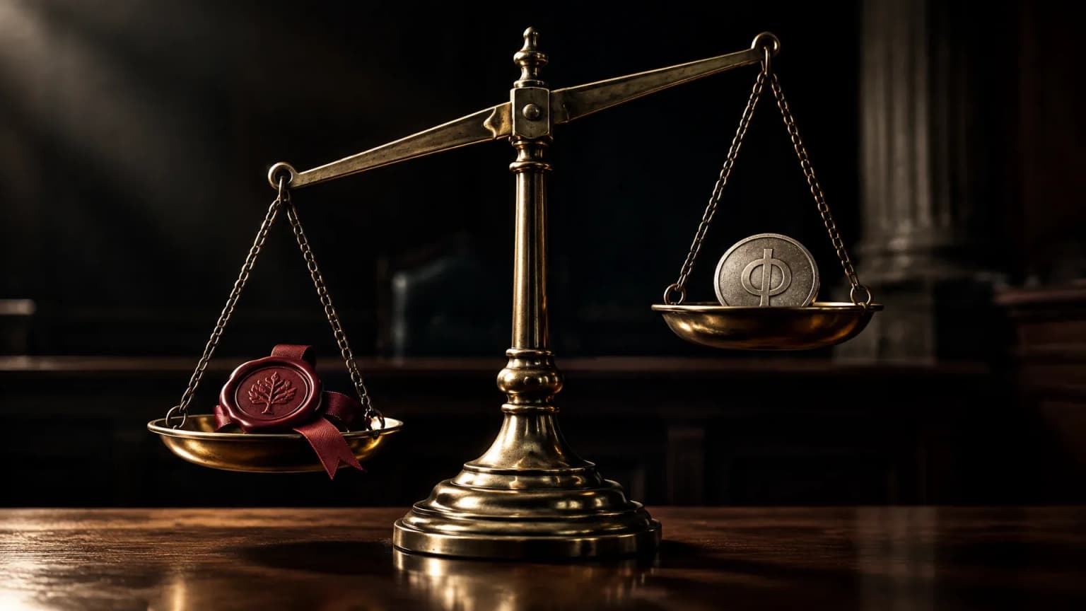 A brass balance scale, a wax seal on one pan and a heavy metal coin on the other, tipping towards the seal