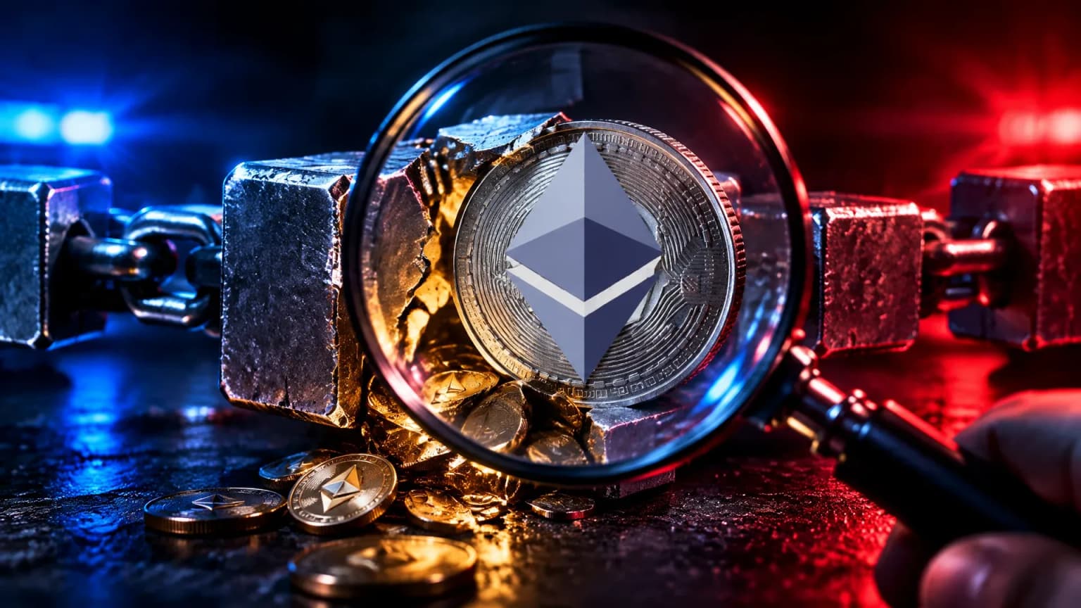 Large magnifying glass over a chain of glowing metal blocks, one block broken open, an Ethereum coin below