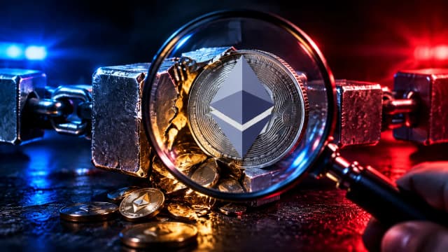Große Lupe über einer Kette leuchtender Metallblöcke, ein Block aufgebrochen, darunter eine Ethereum-Münze