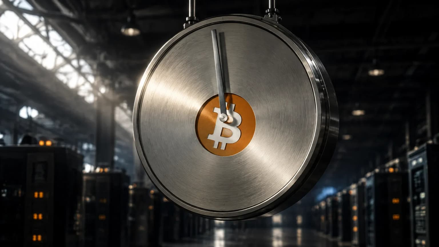 Große runde Bahnhofsuhr ohne Ziffern aus gebürstetem Stahl unter der Decke einer Maschinenhalle, der Minutenzeiger kurz vor dem Ende, in der Mitte des Zifferblatts das Bitcoin-Zeichen als Intarsie, dahinter unscharf die Reihen dunkler Geräteschränke