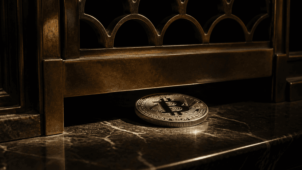 Halb heruntergelassenes Messing-Rollgitter über einem dunklen Marmortresen, im Lichtspalt darunter eine Silbermünze mit eingeprägtem Bitcoin-Zeichen