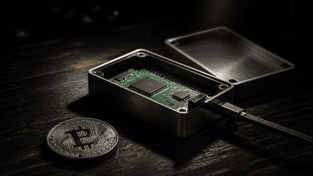 Geoeffnete Metallkassette mit sichtbarer Platine und eingestecktem Kabel auf dunkler Werkbank, davor eine Muenze mit Bitcoin-Zeichen