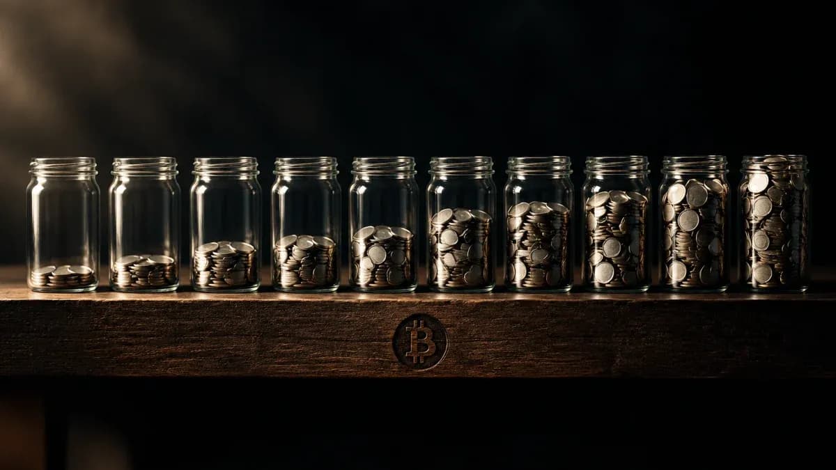 Reihe von zehn Einmachgläsern auf einem dunklen Holzregal, von links nach rechts immer voller mit kleinen Metallscheiben, in die Regalkante ist ein Bitcoin-Zeichen eingebrannt