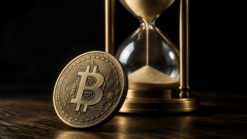 Sanduhr aus Glas und Messing auf einer dunklen Eichenplatte, davor eine schwere Metallmünze mit eingeprägtem Bitcoin-Zeichen