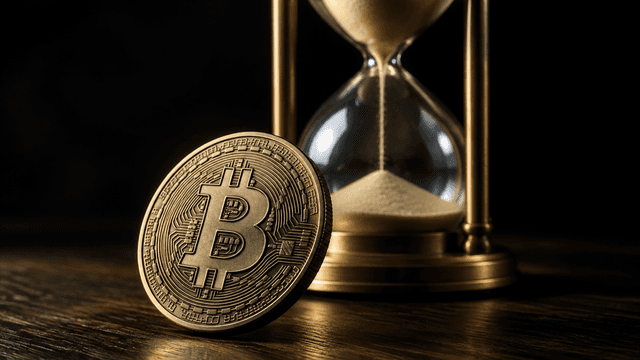 Sanduhr aus Glas und Messing auf einer dunklen Eichenplatte, davor eine schwere Metallmünze mit eingeprägtem Bitcoin-Zeichen