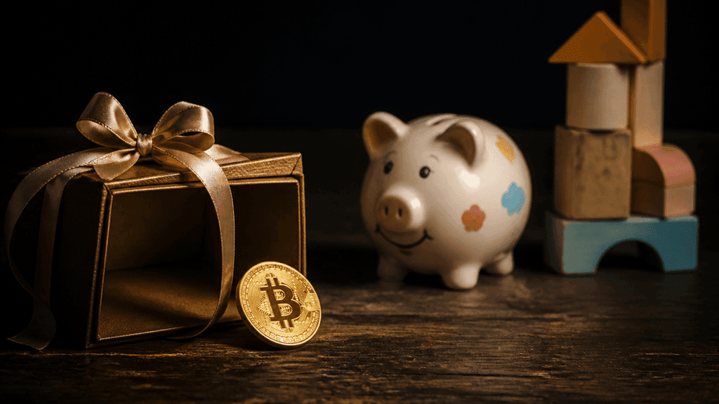 Geöffnete Geschenkschachtel auf dunklem Holztisch, aus der eine goldene Münze mit Bitcoin-Symbol rollt, daneben eine Sparschwein-Spardose und ein Turm aus Holzbausteinen