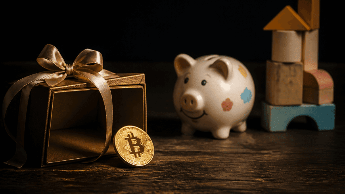 Geöffnete Geschenkschachtel auf dunklem Holztisch, aus der eine goldene Münze mit Bitcoin-Symbol rollt, daneben eine Sparschwein-Spardose und ein Turm aus Holzbausteinen