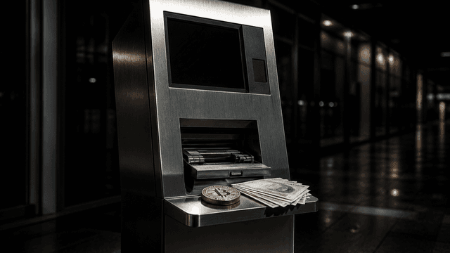 Metallenes Wechselautomaten-Terminal in einer dunklen Ladenpassage, auf der Ablage eine goldene Münze mit B-Prägung neben einem Bündel Banknoten