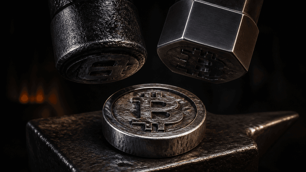 Dicke Metallmünze mit eingeprägtem Bitcoin-Zeichen auf einem Stahlamboss, darüber zwei unterschiedliche Prägestempel