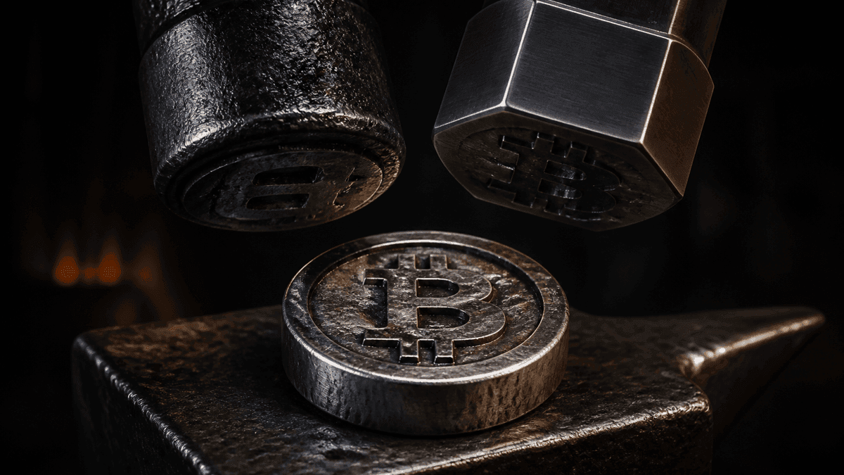 Dicke Metallmünze mit eingeprägtem Bitcoin-Zeichen auf einem Stahlamboss, darüber zwei unterschiedliche Prägestempel