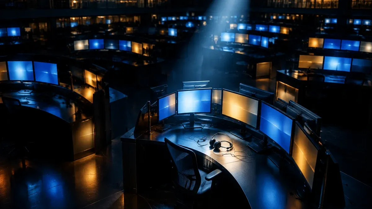 Sala de operaciones de un mercado de derivados a oscuras vista desde arriba, filas de pupitres vacíos bajo la luz fría de los monitores