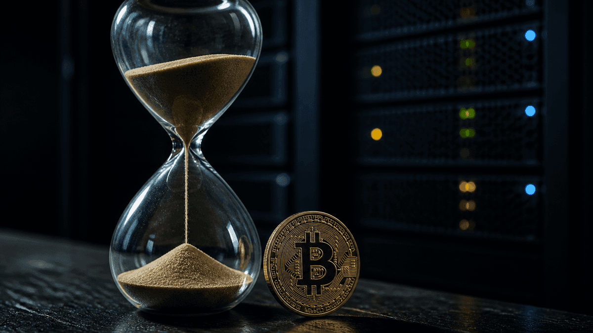 Gläserne Sanduhr mit rinnendem Sand neben einer Bitcoin-Münze vor einem Serverschrank
