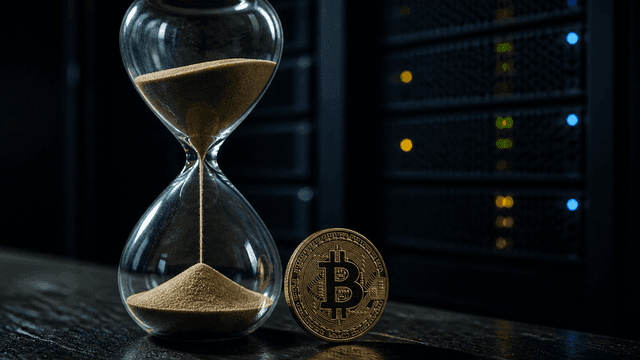Glaeserne Sanduhr mit rinnendem Sand neben einer Bitcoin-Muenze vor einem Serverschrank
