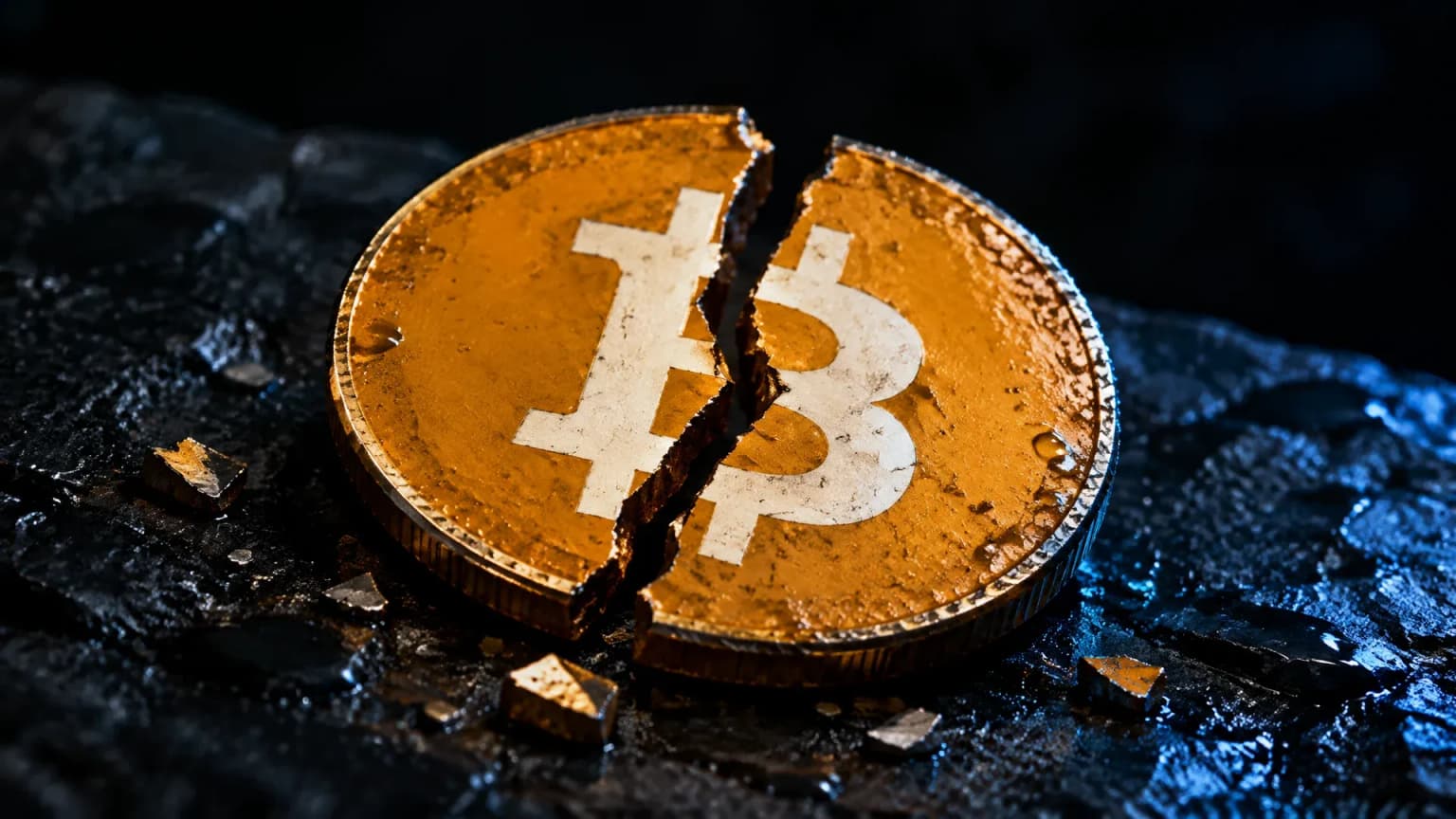 Zerbrochene Münze mit dem Bitcoin-Zeichen auf dunklem Schiefer, Sinnbild für einen Bitcoin Crash