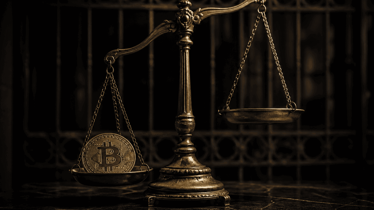 Balanza de la justicia de latón, con una gran moneda de Bitcoin en el platillo izquierdo y el platillo derecho vacío y elevado