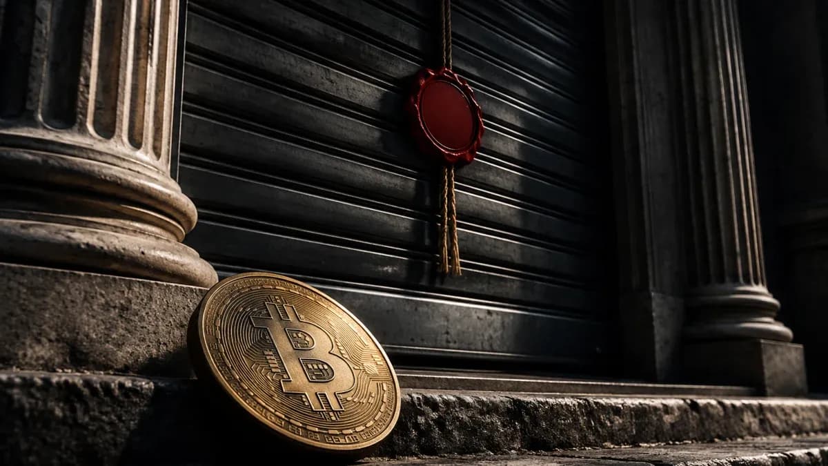 Heruntergelassenes Metall-Rolltor vor einem Bankportal mit Säulen, daran ein rotes Wachssiegel, davor eine große Münze mit Bitcoin-Zeichen auf einer Steinstufe
