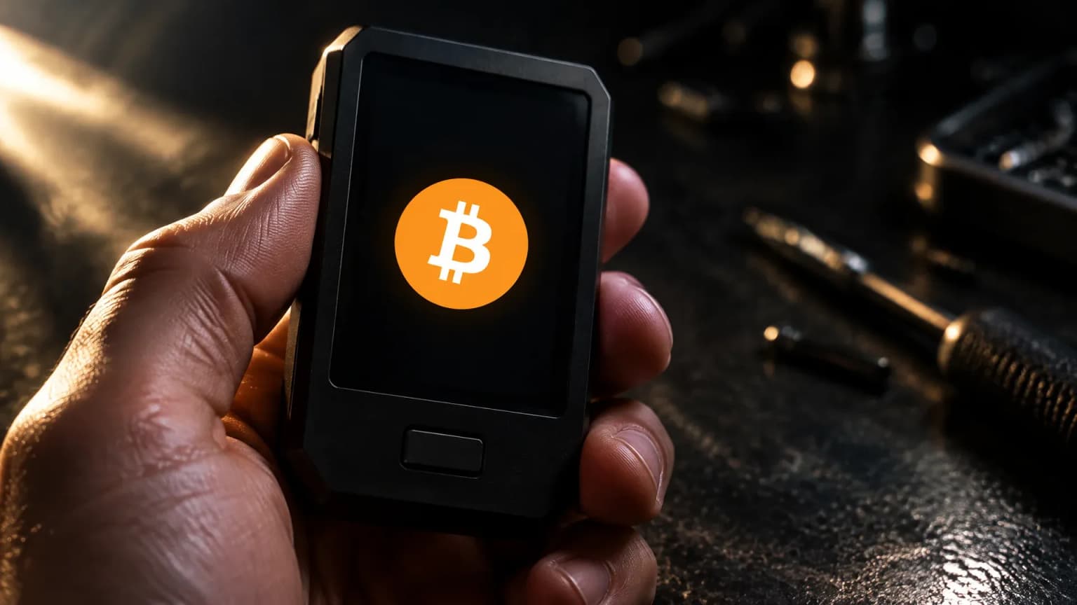 Eine Hand hält ein markenloses Hardware-Gerät mit dunklem Display vor eine Werkbank im Streiflicht, auf dem Display leuchtet das Bitcoin-Zeichen