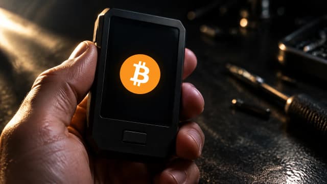 Eine Hand hält ein markenloses Hardware-Gerät mit dunklem Display vor eine Werkbank im Streiflicht, auf dem Display leuchtet das Bitcoin-Zeichen