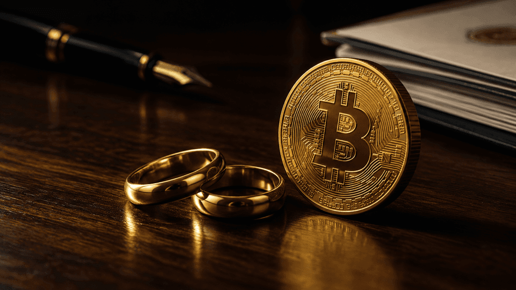 Zwei goldene Eheringe neben einer aufrecht stehenden Goldmünze mit eingeprägtem Bitcoin-Zeichen auf einer dunklen Holzplatte