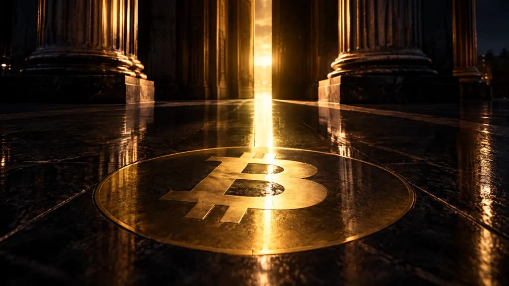 Nächtliches Säulenportal, im Granitboden davor das Bitcoin-Zeichen als Messing-Intarsie im Lichtstrahl