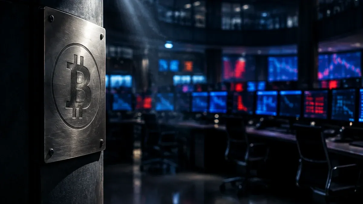 Handelssaal einer Bank bei Nacht, leere Stuhlreihen vor leuchtenden Monitoren, im Vordergrund eine Metalltafel mit eingraviertem Bitcoin-Zeichen