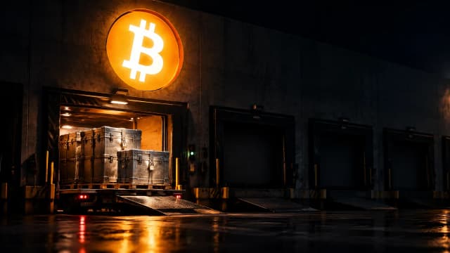 Nächtliche Verladehalle eines Frachtterminals, nur eine Laderampe beleuchtet und mit schweren Metallkisten beladen, die übrigen Tore dunkel verschlossen, darüber ein großes Leuchtzeichen mit dem Bitcoin-Zeichen