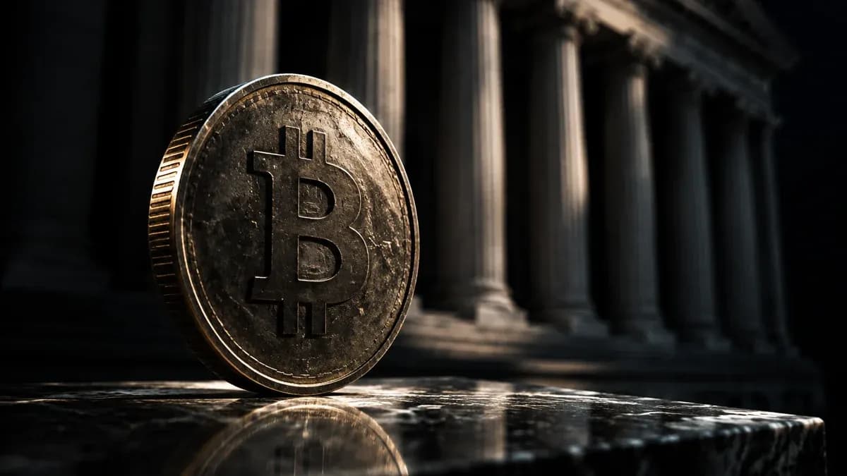 Schwere Metallmünze mit eingeprägtem Bitcoin-Zeichen steht aufrecht im Lichtkegel vor den unscharfen Säulen eines klassizistischen Finanzgebäudes