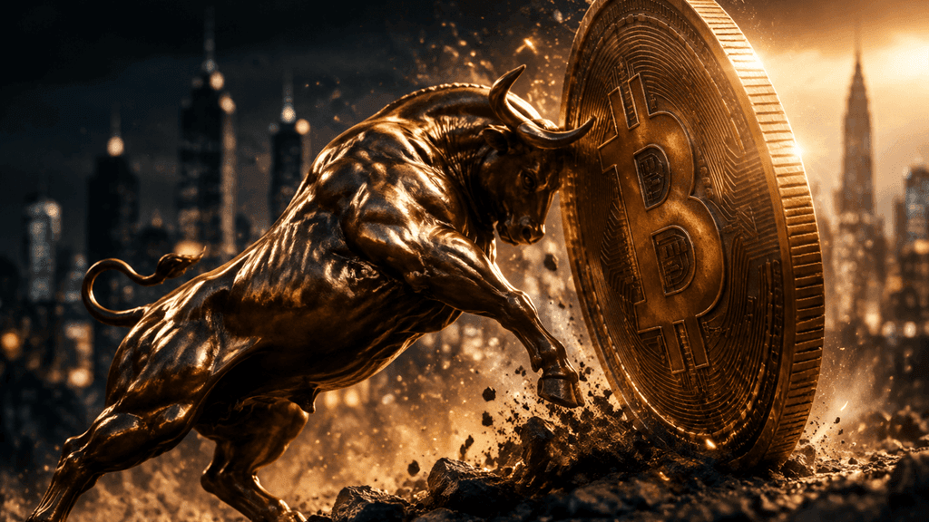 Bronzener Bulle stemmt eine riesige Münze mit Bitcoin-Symbol nach oben, im Hintergrund eine Finanzmetropole