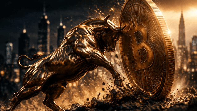 Bronzener Bulle stemmt eine riesige Münze mit Bitcoin-Symbol nach oben, im Hintergrund eine Finanzmetropole