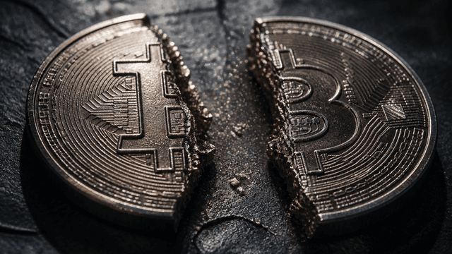 Physische Metallmuenze mit eingepraegtem Bitcoin-Zeichen, die in zwei auseinanderdriftende Haelften zerbricht