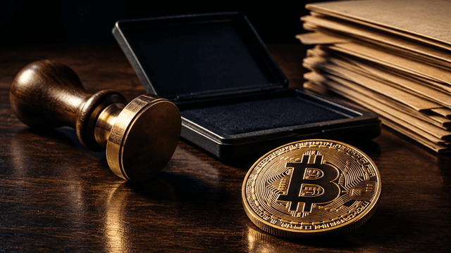 Messingstempel mit Holzgriff, offenes Stempelkissen und ein Stapel unbeschrifteter Aktendeckel auf einem dunklen Holzschreibtisch, davor eine Goldmünze mit Bitcoin-Zeichen
