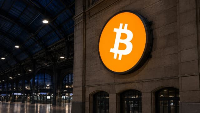 Eine große runde Bahnhofsuhr ohne Ziffern und ohne Zeiger in einer leeren nächtlichen Bahnhofshalle, in der Mitte des Zifferblatts das Bitcoin-Zeichen als tiefe Metallgravur