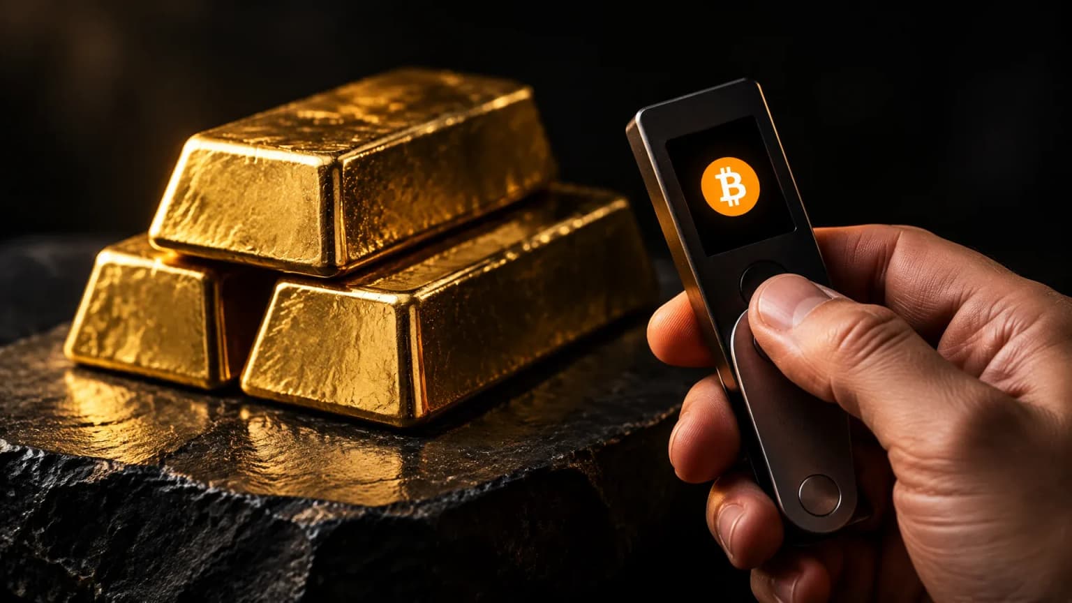 Gestapelte Goldbarren auf dunkler Steinplatte, daneben eine Hardware-Wallet in einer Hand mit dem Bitcoin-Zeichen auf dem Display