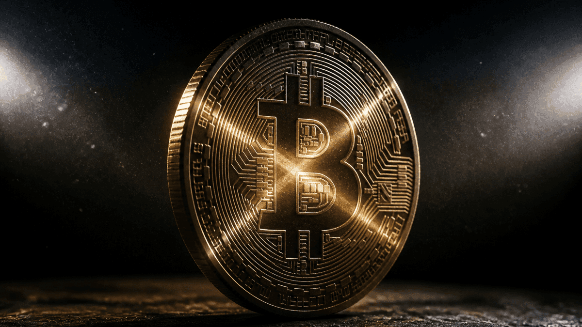 Aufrecht stehende goldene Bitcoin-Münze auf dunklem Stein, von zwei harten Lichtstrahlen überkreuzt