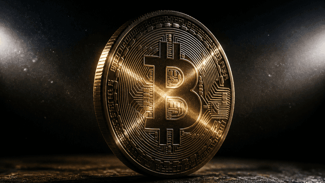 Aufrecht stehende goldene Bitcoin-Münze auf dunklem Stein, von zwei harten Lichtstrahlen überkreuzt