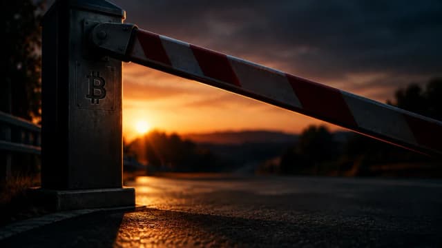 Eine schwere Schlagbaumschranke senkt sich im Gegenlicht über eine leere Zufahrt, auf dem Pfosten ein eingraviertes Bitcoin-Zeichen