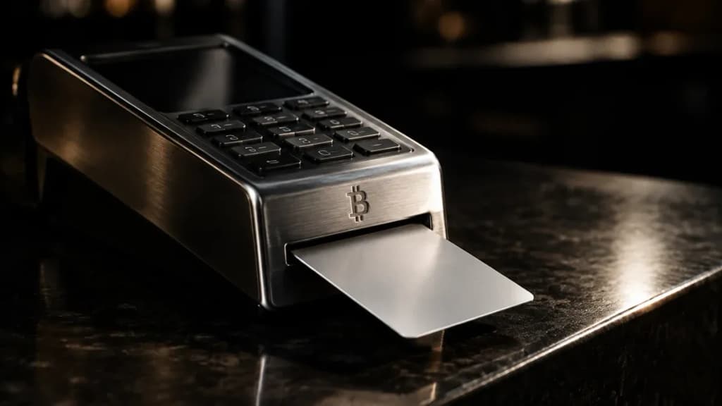 Kartenzahlungsterminal aus gebürstetem Metall auf einem dunklen Ladentresen, eine unbedruckte Zahlungskarte steckt halb im Kartenschlitz, im Metallrahmen ist klein das Bitcoin-Zeichen eingraviert