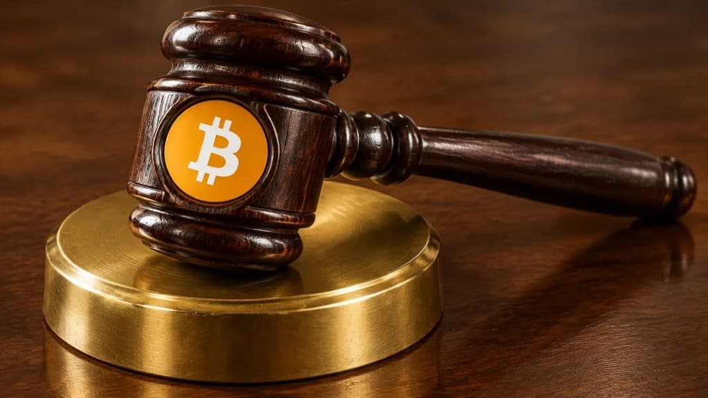 Dunkler Richterhammer auf einem Klangblock aus Messing, in den Hammerkopf eingelassen eine runde Scheibe mit dem Bitcoin-Zeichen