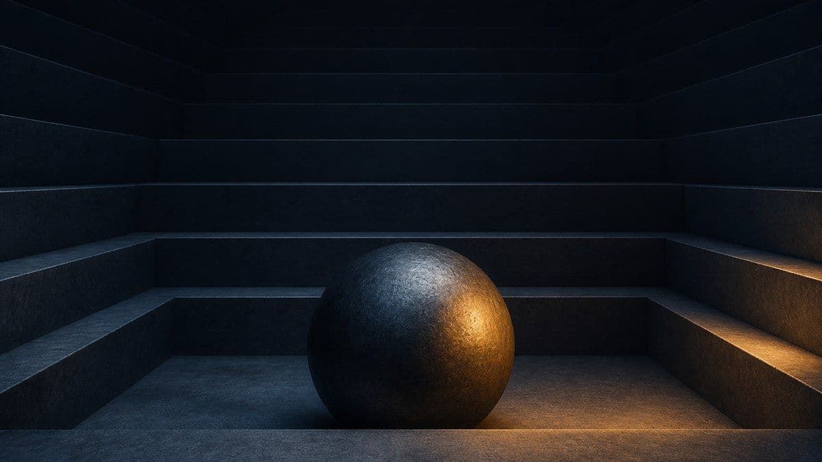 Metallic sphere resting at the base of a descending stepped structure, illustrating Bitcoin bottoming out