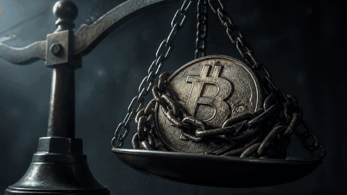 Eine schwere Münze mit eingeprägtem Bitcoin-Zeichen liegt von einer Stahlkette umschlungen auf der nach unten kippenden Schale einer Balkenwaage