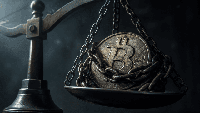 Eine schwere Münze mit eingeprägtem Bitcoin-Zeichen liegt von einer Stahlkette umschlungen auf der nach unten kippenden Schale einer Balkenwaage