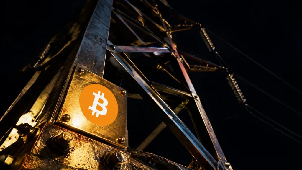 Stahlgittermast einer Hochspannungsleitung bei Nacht, am Mastfuss eine Messingplakette mit dem Bitcoin-Zeichen im Streiflicht