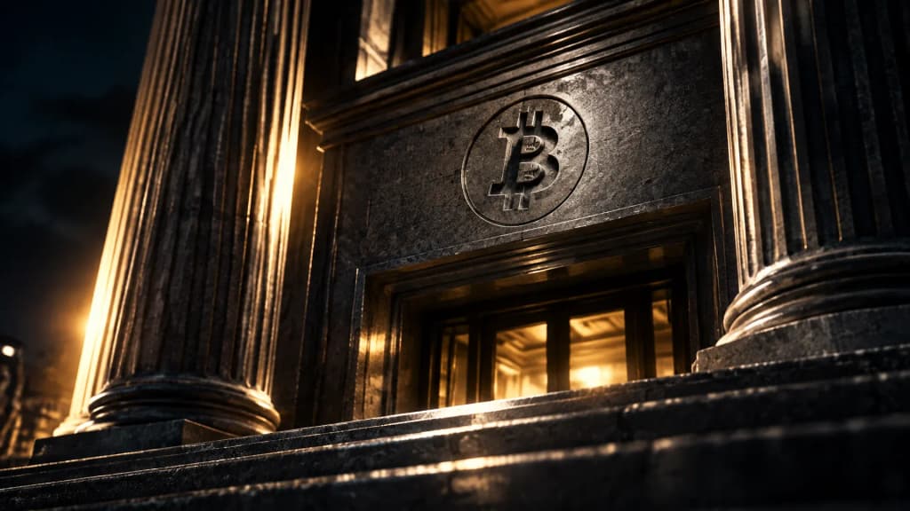 Naechtliches Saeulenportal eines Bankgebaeudes im Gegenlicht, in die Granitplatte ueber dem Eingang ist das Bitcoin-Zeichen tief eingraviert