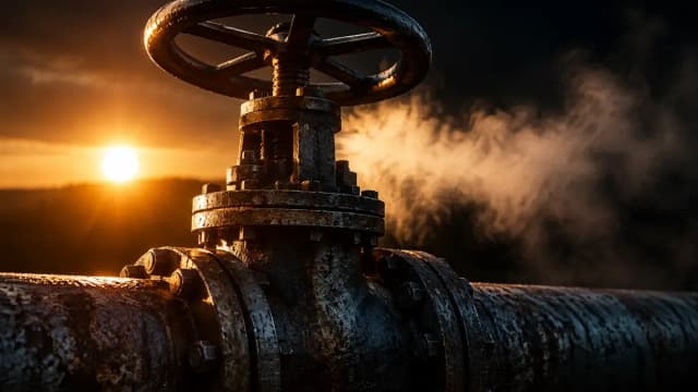 Halb geoeffnetes Absperrventil mit Handrad an einer verwitterten Stahlrohrleitung im Gegenlicht der untergehenden Sonne, seitlich ziehender Dampf