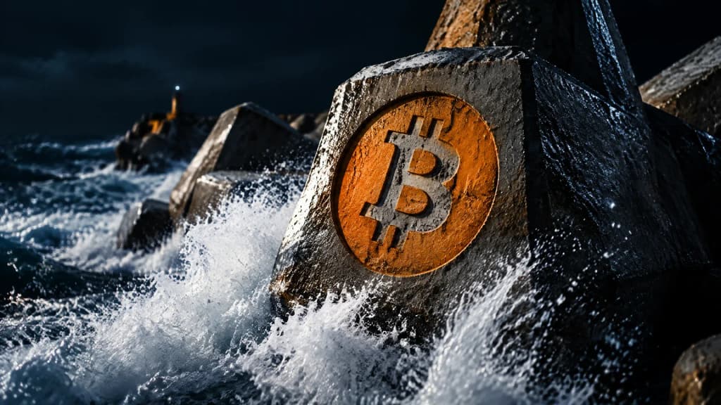 Betonmole mit gezackten Wellenbrecher-Blöcken in nächtlicher Brandung, in die Stirnfläche des vordersten Blocks ist das Bitcoin-Zeichen eingelassen