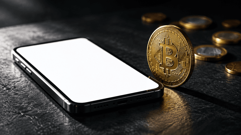 Smartphone mit leerem weißem Display auf dunkler Schieferplatte, daneben eine hochkant stehende goldene Münze mit eingeprägtem Bitcoin-Zeichen und unscharfe Euromünzen