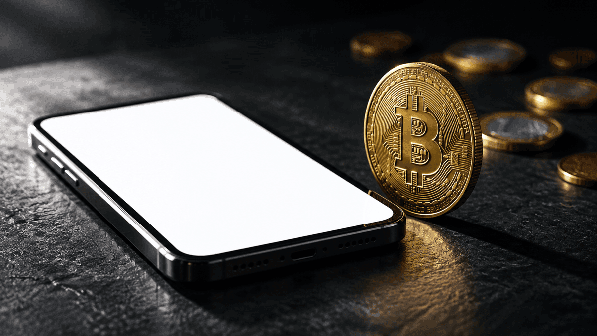 Smartphone mit leerem weißem Display auf dunkler Schieferplatte, daneben eine hochkant stehende goldene Münze mit eingeprägtem Bitcoin-Zeichen und unscharfe Euromünzen