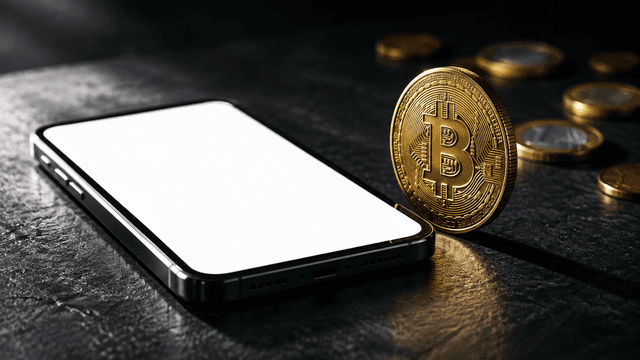 Smartphone mit leerem weißem Display auf dunkler Schieferplatte, daneben eine hochkant stehende goldene Münze mit eingeprägtem Bitcoin-Zeichen und unscharfe Euromünzen