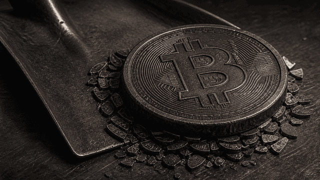 Metallschaufel schiebt viele winzige Münzsplitter zu einem Stapel mit einer großen geprägten Bitcoin-Münze zusammen