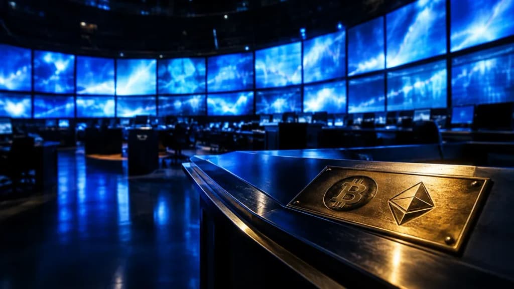 Ein nächtlicher Handelssaal mit geschwungener Wand aus blau leuchtenden Bildschirmen, im Vordergrund eine gravierte Messingplatte mit einem Bitcoin-Zeichen und einem rautenförmigen Zeichen nebeneinander